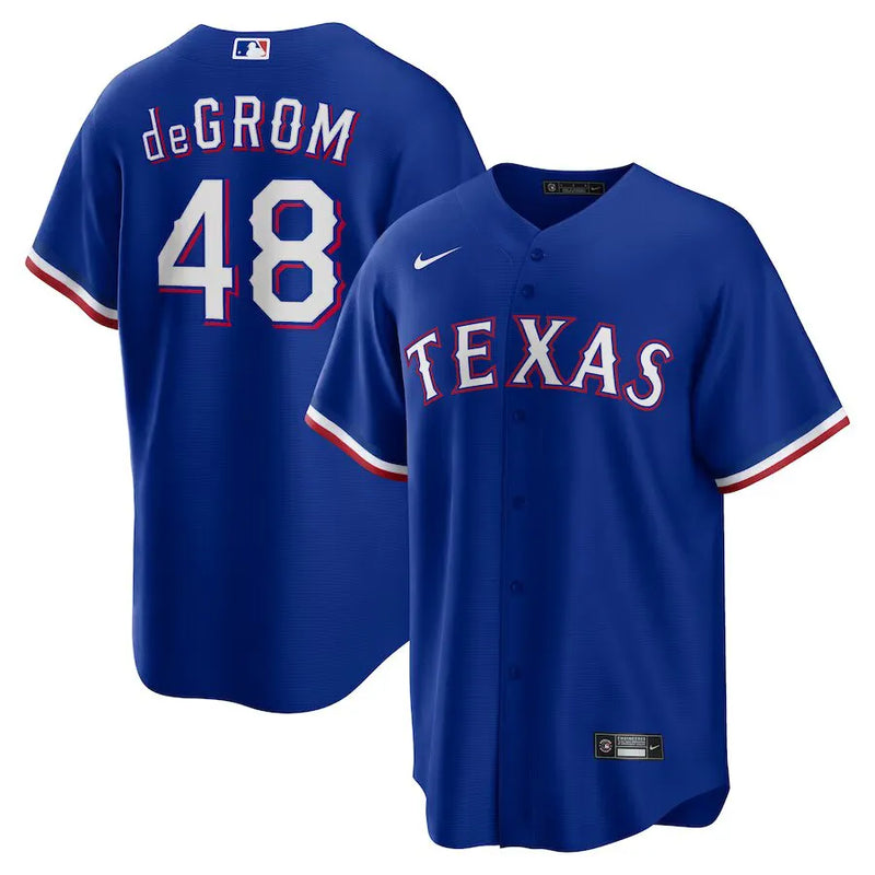 Camisa MLB Texas Rangers II Nike Torcedor Masculina Azul Jacob deGrom 48