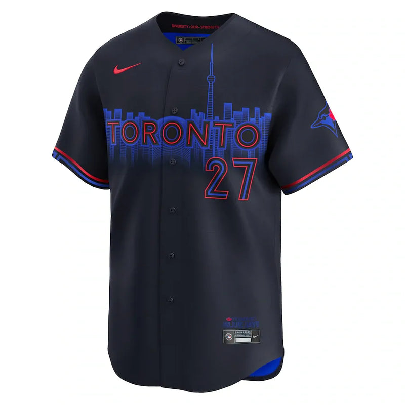 Camisa MLB Toronto Blue Jays Nike City Connect Torcedor Masculina Azul Marinho Vladimir Guerrero Jr. 27